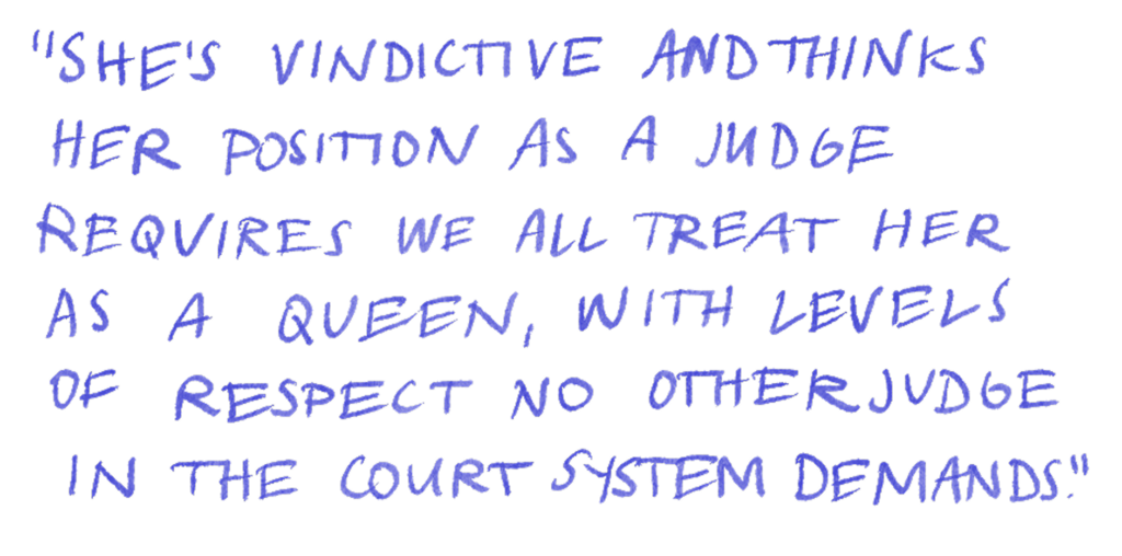 "She's vindictive and thinks her position as a judge requires we all treat her as a queen, with levels of respect no other judge in the court system demands."