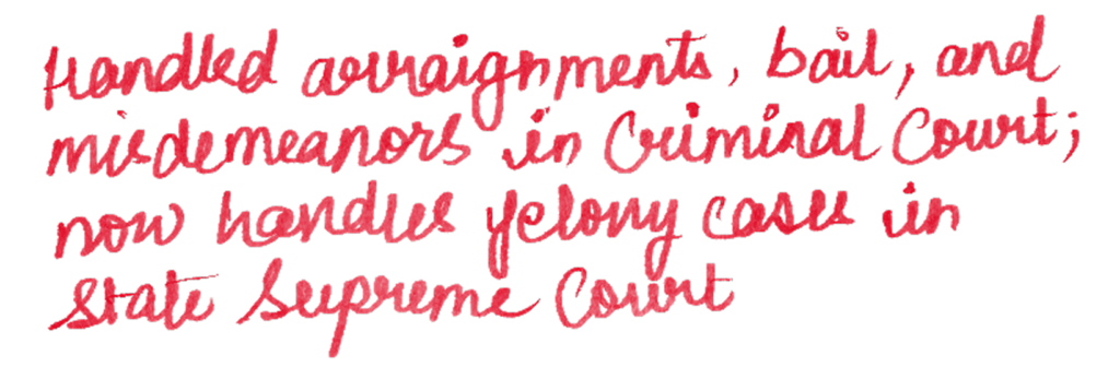Handled arraignments, bail, and misdemeanors in Criminal Court; now handles felony cases in State Supreme Court.