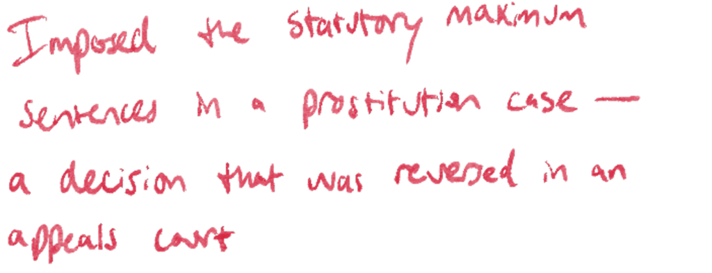Imposed the statutory maximum sentences in a prostitution case—a decision that was reversed in an appeals court